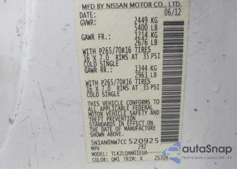 2012 Nissan Xterra X z USA, uszkodzony, nr VIN 5N1AN0NW7CC520925